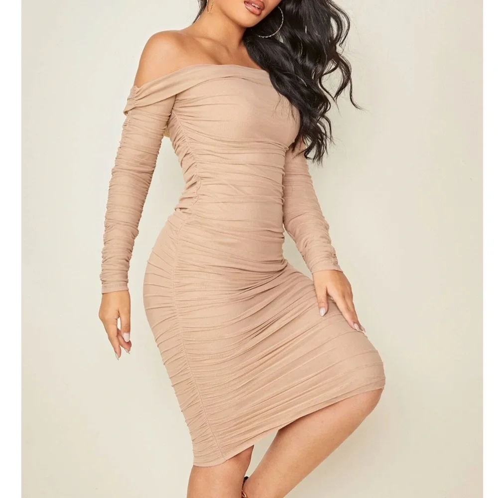 Nude Mesh Ruched Off Shoulder Dress - Picture 1 of 10